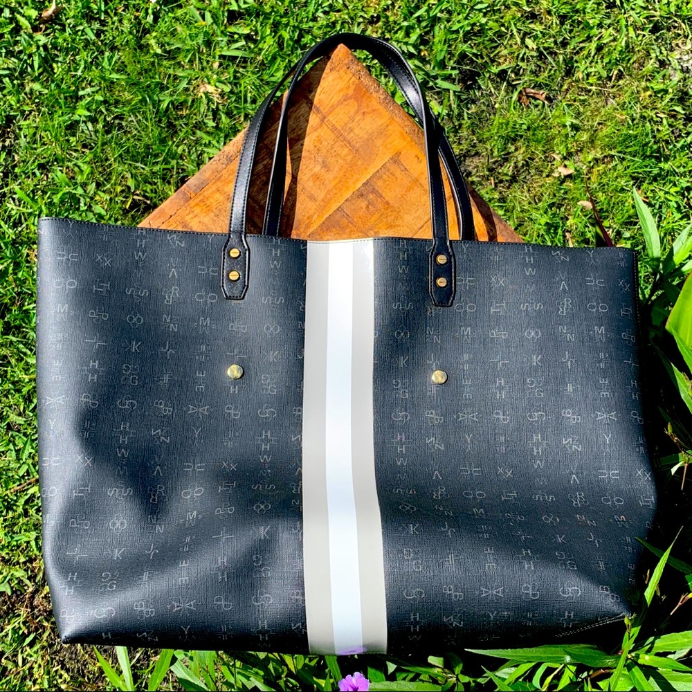 India Hicks Black Tote with White and Light Gray Center Stripe
